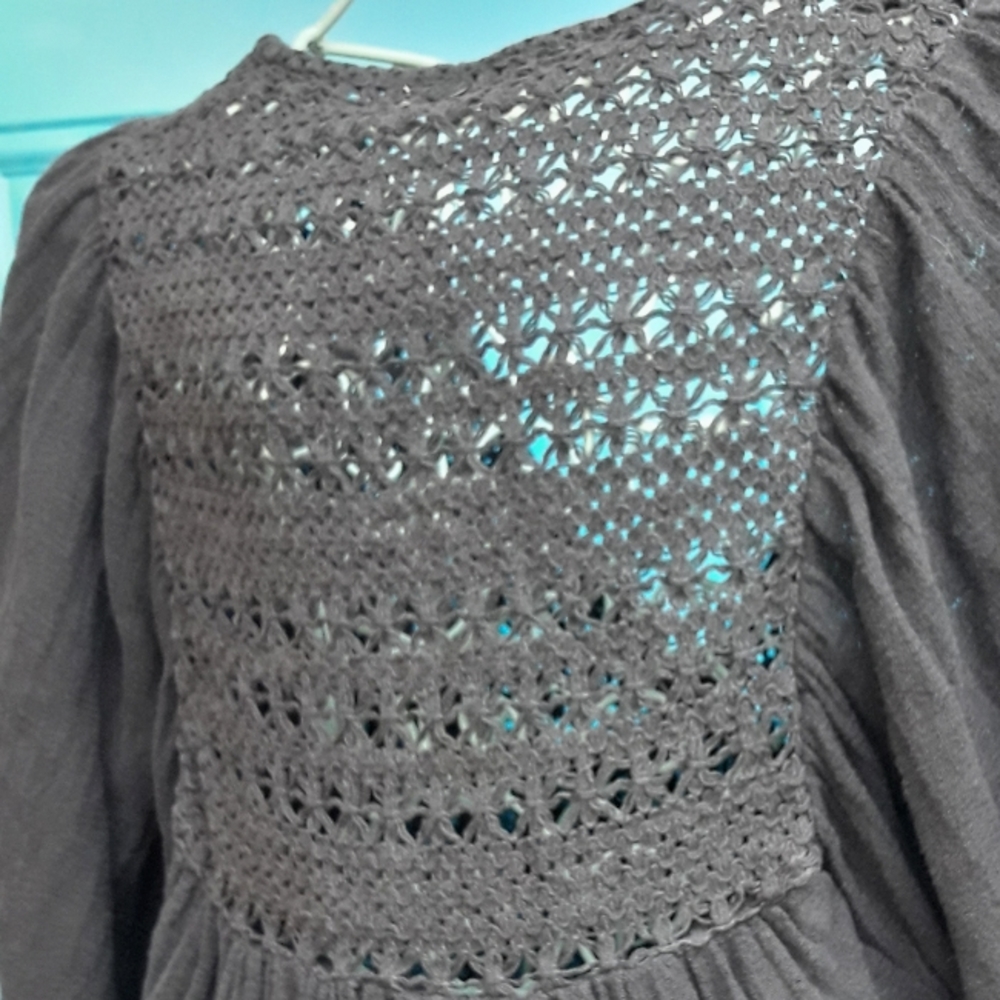 Boho Top Crochet All Cotton Loose Fit Mesh Short Sleeve VNeck Embroidered SM - Picture 3 of 12